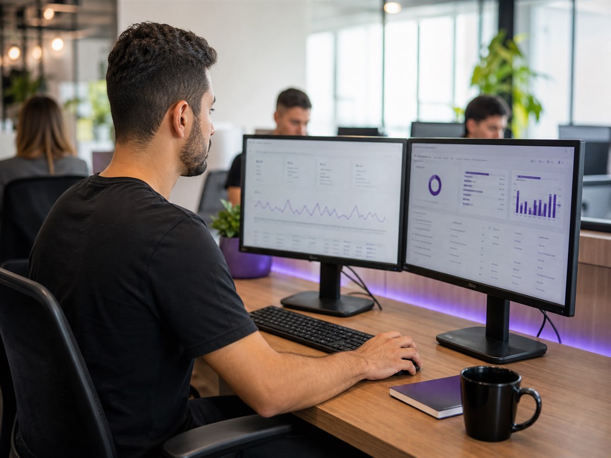 Especialista em marketing analisando campanhas em dois monitores