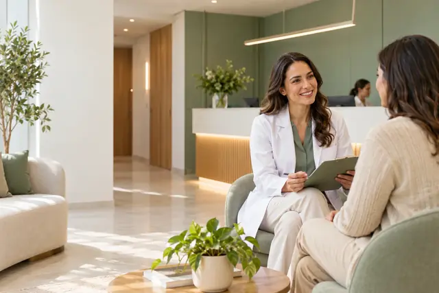 Profissional de saúde conversando com uma paciente em uma clínica
