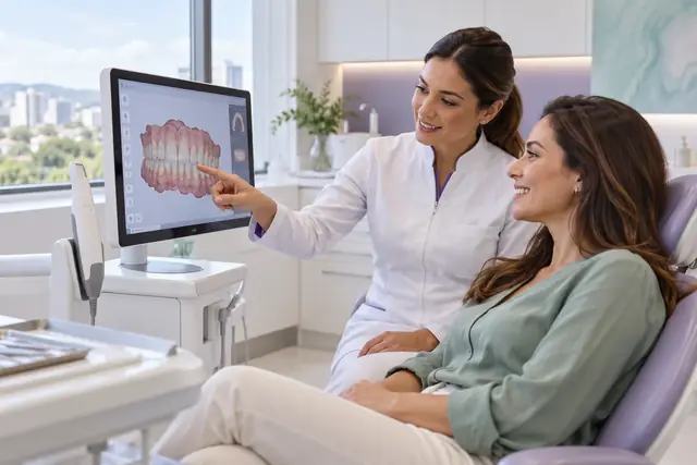 Dentista mostrando um exame na tela para uma paciente