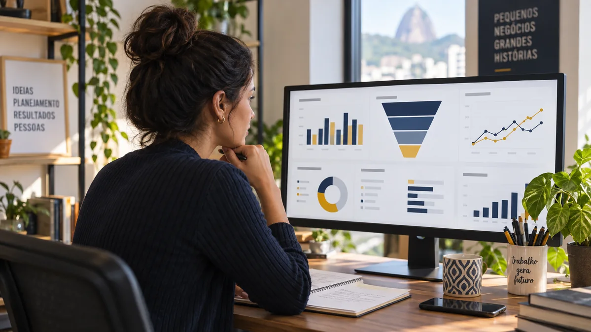 Analista acompanha um funil de leads e gráficos em um painel de marketing