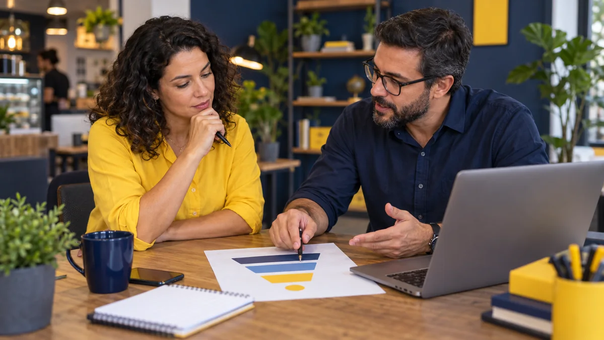 Empresária e consultor planejam objetivos de marketing diante de um funil de vendas