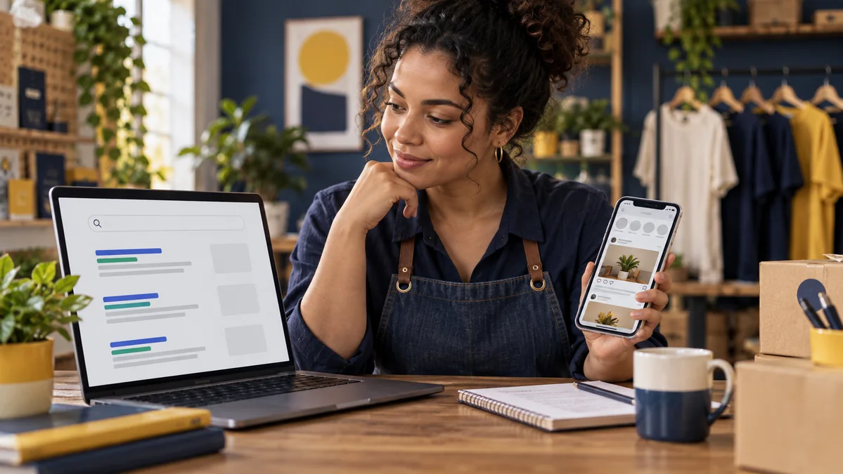 Empresária compara resultados de busca no notebook e conteúdo social no celular