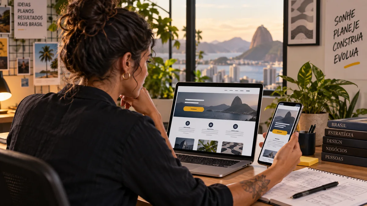 Profissional revisa uma landing page em notebook e celular antes de uma campanha