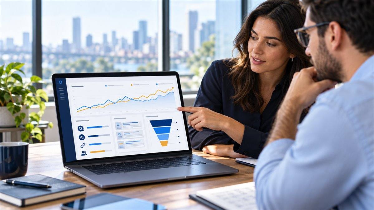 Equipe avaliando métricas de busca, tráfego e um funil de leads em um painel