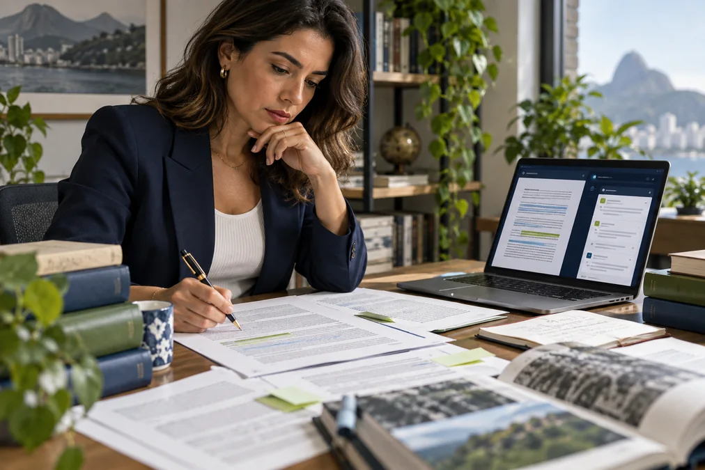 Consultora revisando um texto assistido por IA e conferindo informações em fontes