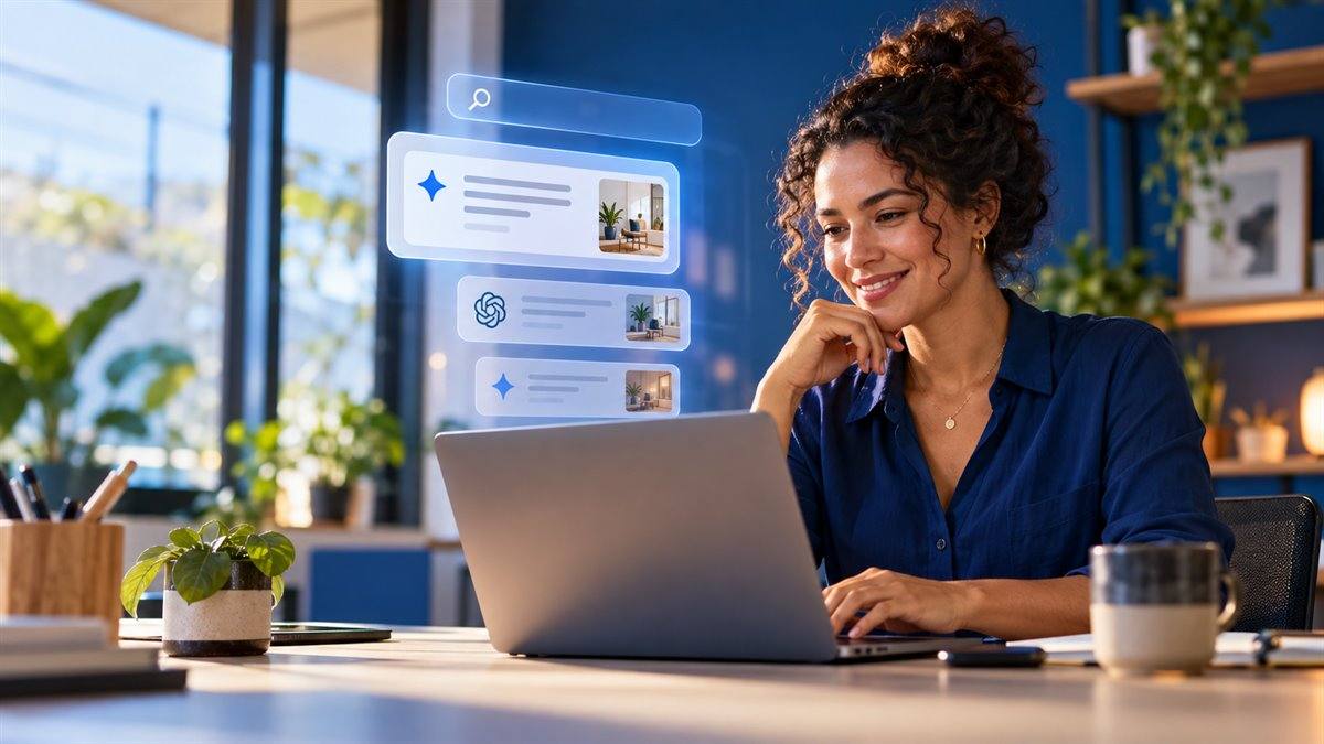 Empresária analisando respostas e resultados de busca assistidos por IA em um notebook