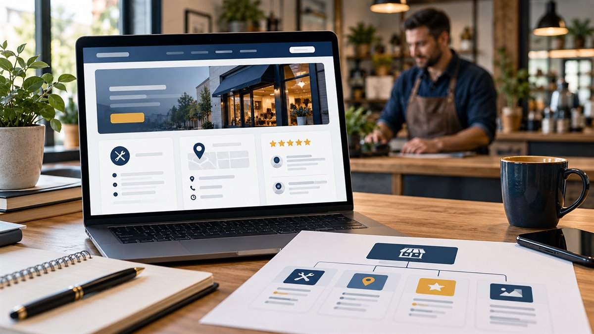 Site de uma empresa local organizado em cartões de informação em um notebook