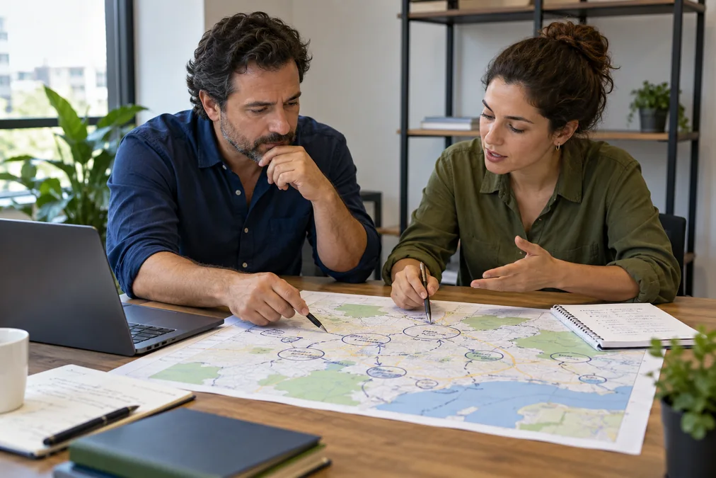 Empresário e estrategista planejando áreas de atendimento em um mapa regional