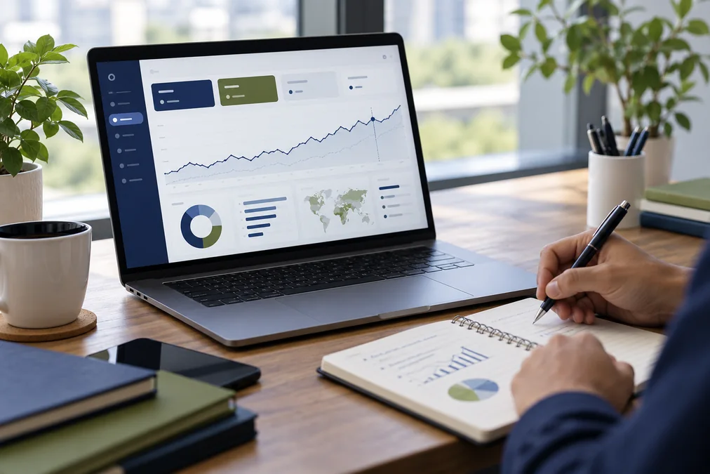 Profissional analisando um painel de impressões de busca generativa no notebook
