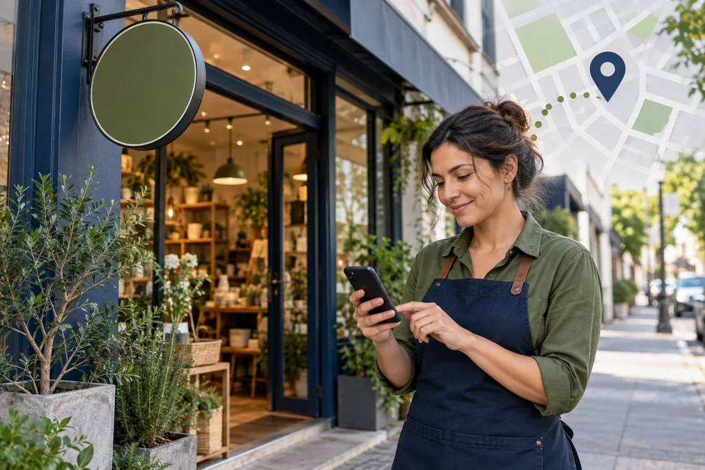 Proprietária de pequeno negócio conferindo informações do perfil local no celular