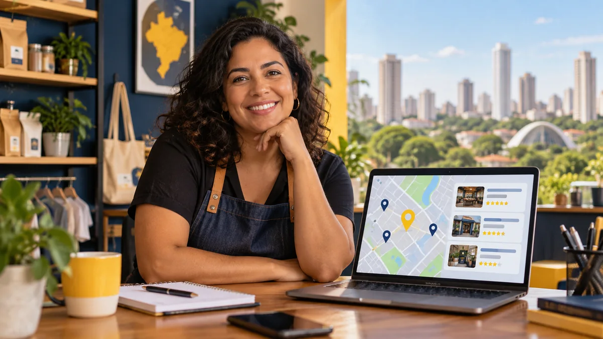 Empreendedora de Campo Grande consulta uma busca local e um mapa no notebook